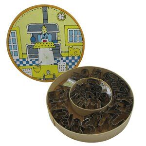 Vintage Lillian Vernon 1988 Alphabet Cookie Cutter Set In Round Wooden Box